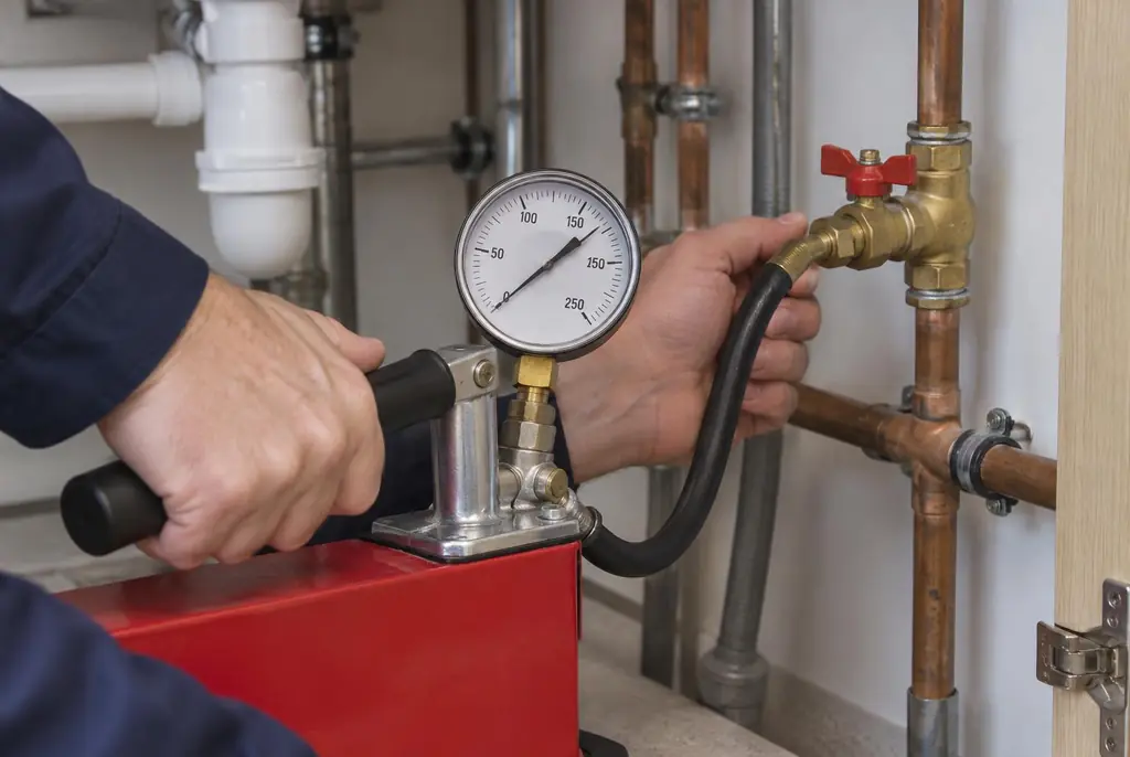 Lekdetectie Tiel – druktest op een waterleiding met een manometer