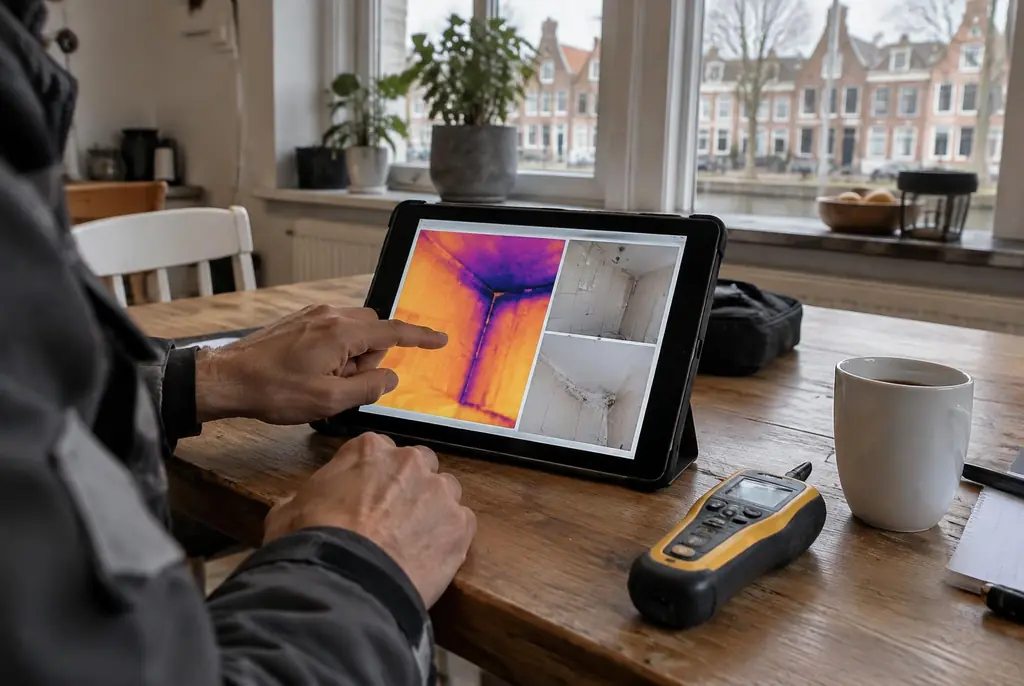 Lekdetectie Tiel – lekdetectierapport met warmtebeelden en foto's op een tablet