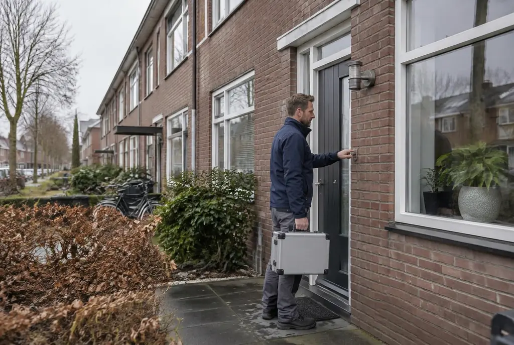 Lekdetectiespecialist met meetkoffer bij de voordeur van een woning in Tiel